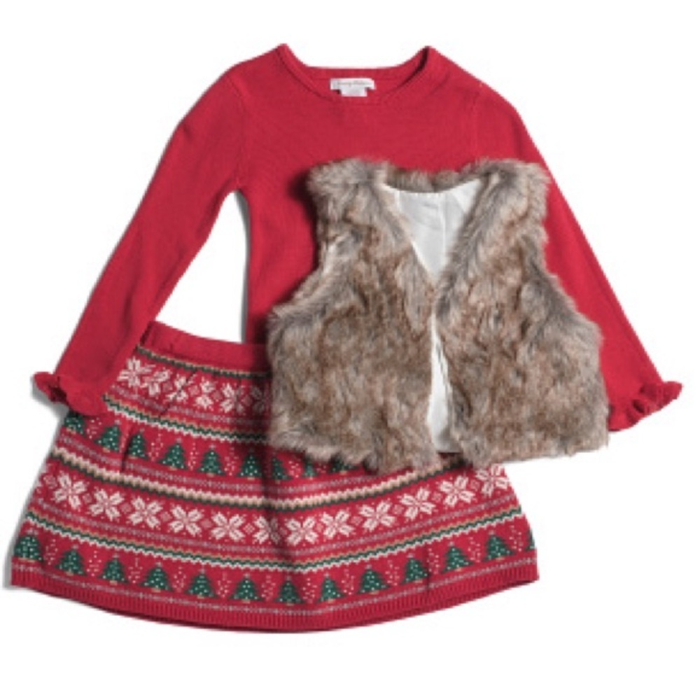 TOMMY BAHAMA Girls 3 Piece Christmas Set | LS‎ Shirt/Sweater Skirt/Faux Fur Vest
